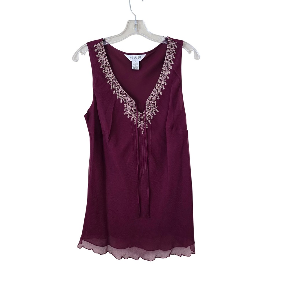 Allison Taylor Silk Sleeveless Blouse Burgundy Embroidered V-Neck Top XL